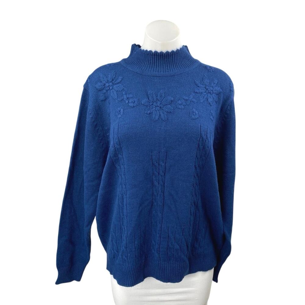 Salon Studio Womens Blue Long Sleeve Turtleneck Floral Cable Knit Sweater Top XL